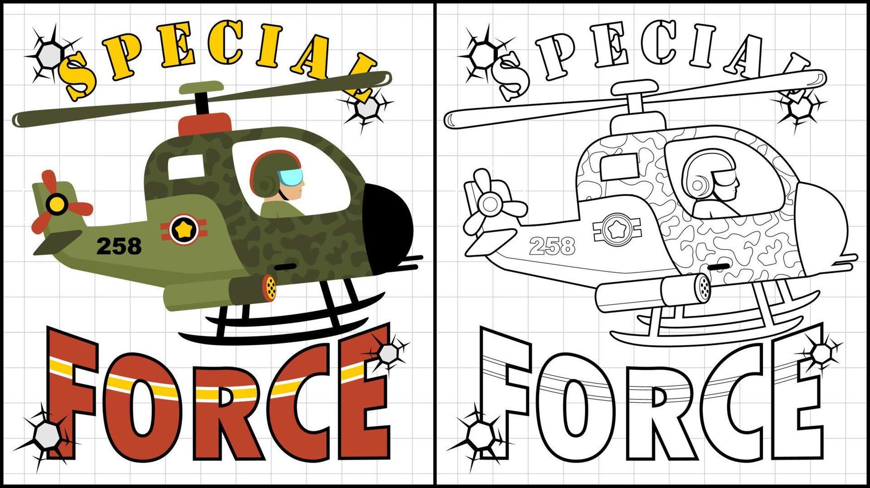 libro para colorear de ilustración de dibujos animados de helicóptero militar vector