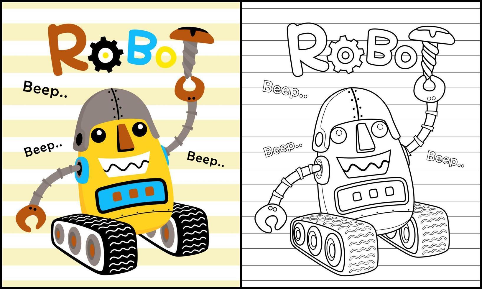 Coloring book of funny robot cartoon on striped background vector