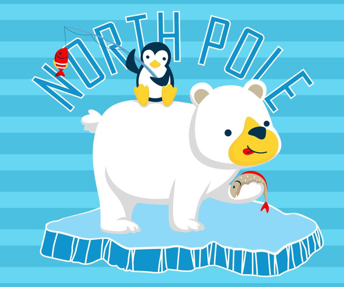 Cartoon of penguin sitting on polar bears back, animals fishing on ice chunk vector
