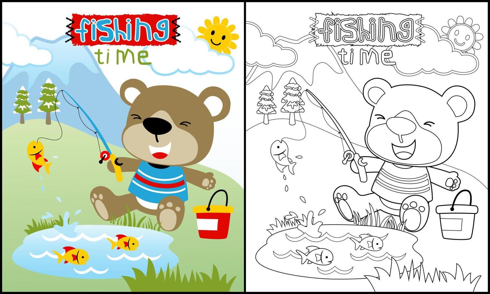 Coloring book of bear fishing on mountain background vector