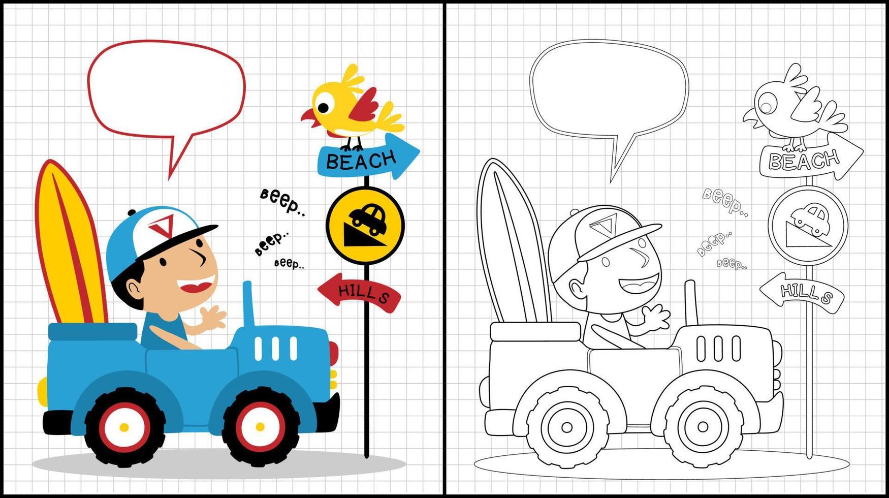 libro para colorear de dibujos animados de niño conduciendo un coche con una percha de pájaro en una señal de tráfico vector
