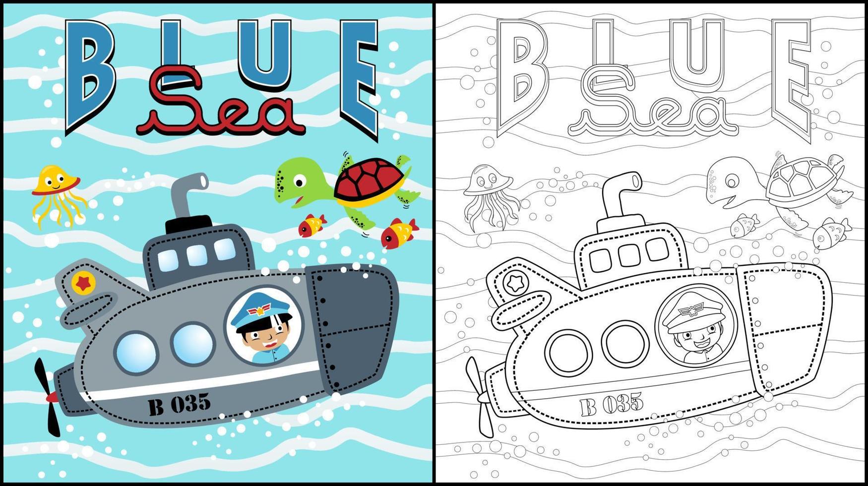 libro para colorear de dibujos animados de niño pequeño en submarino con animales marinos vector
