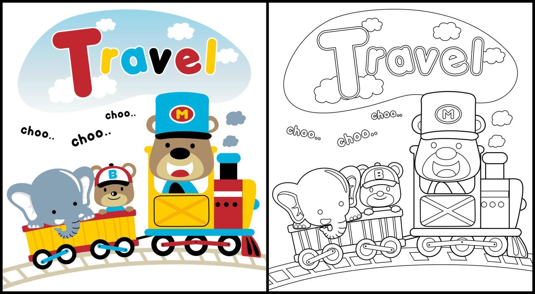 Coloring book of cute animals on steam train vector