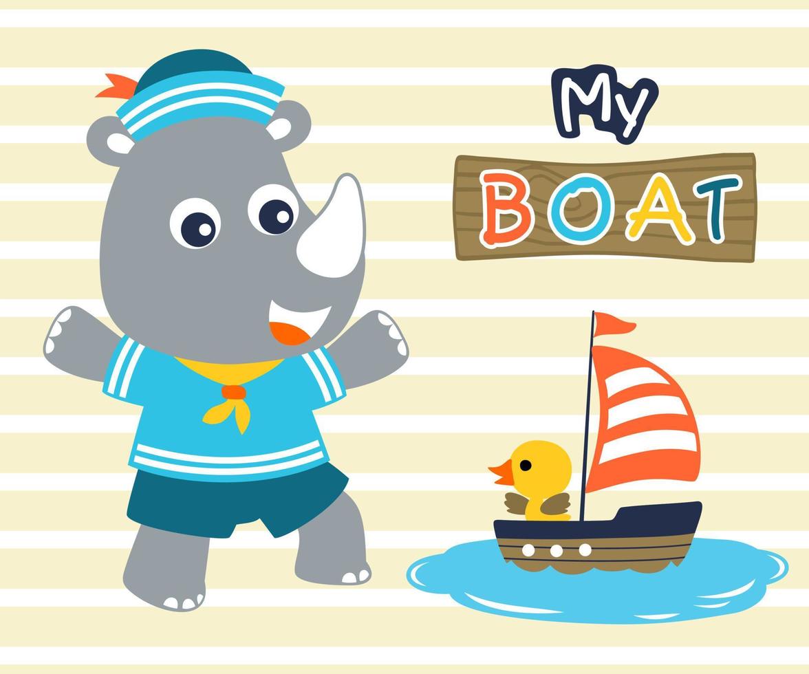 Little rhino cartoon in sailor costume with duck on sailboat toy vector