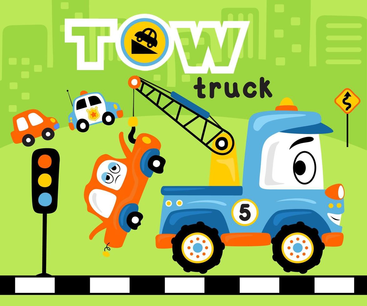 Funny tow truck cartoon towing wreck cars. Traffic element illustration vector