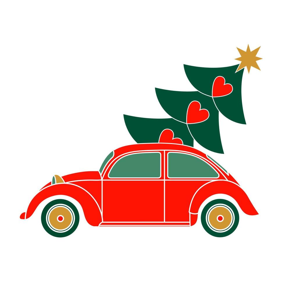 Vector illustration Christmas car. Merry christmas greeting card illustration of vintage red car with xmas pine tree gift on roof. EPS10 vector.