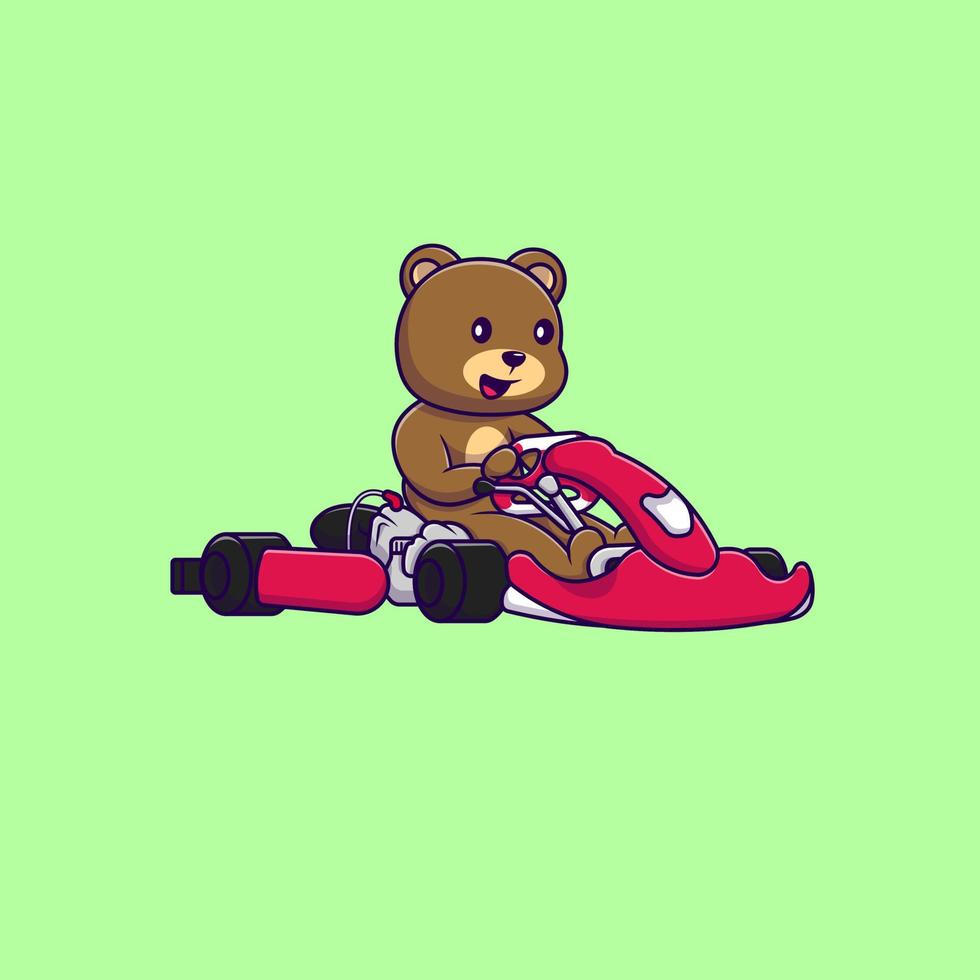 Cute Bear Riding Karting Cartoon Vector Icons Illustration. Flat Cartoon Concept. Suitable for any creative project.