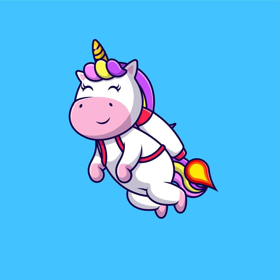 lindo unicornio volando con ilustración de iconos de vector de dibujos animados de cohetes. concepto de caricatura plana. adecuado para cualquier proyecto creativo.