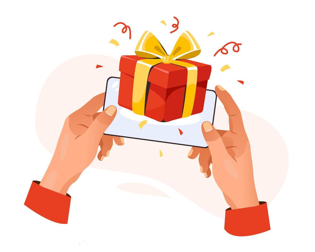 Hand holding mobile phone with gift box on screen. Gift online. Win online. vector