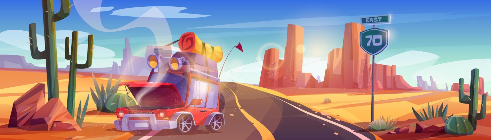 Broken car at roadside in desert canyon landscape vector