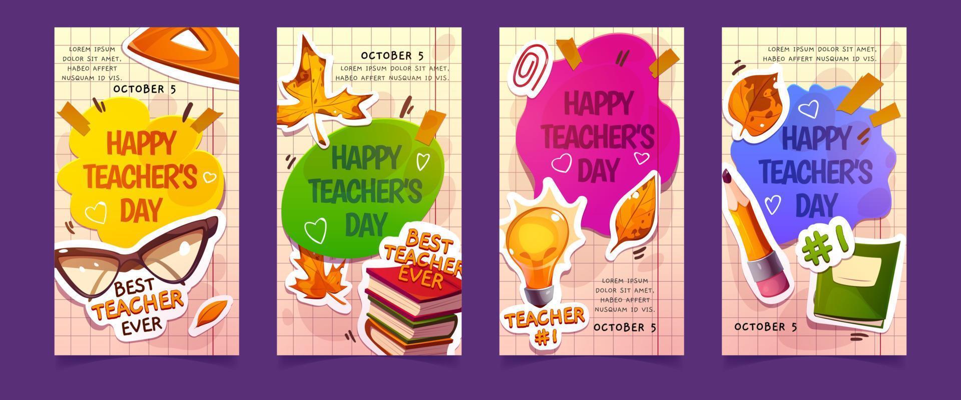 carteles del día del maestro feliz con libros, gafas vector