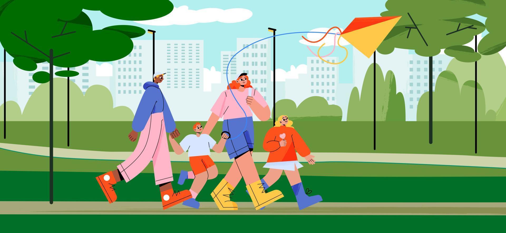 Happy family walk in city park, parents and kids vector