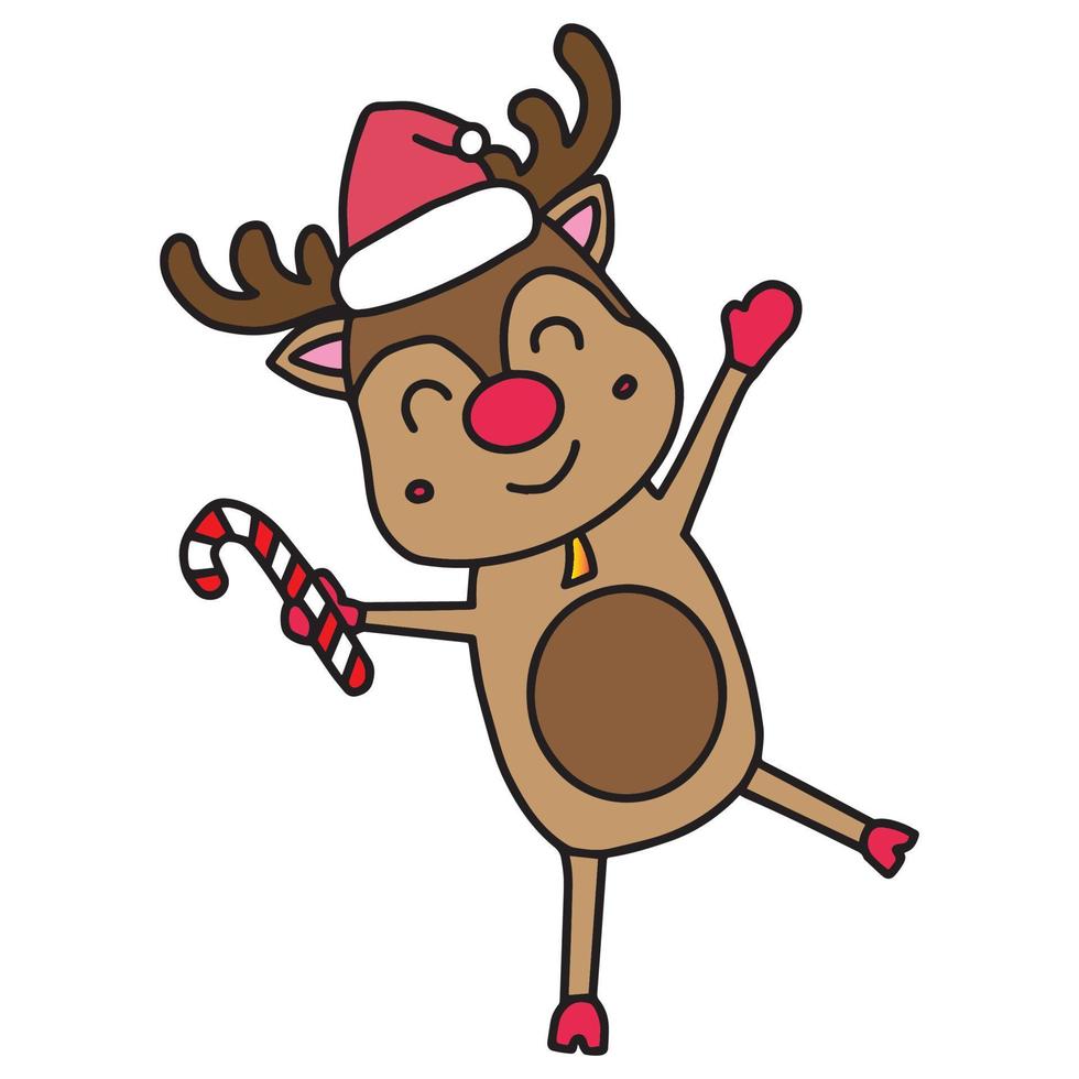 Christmas Reindeer, Rudolph and santa hat cartoon characters - happy feeling. Design for Greeting card of New Year and Christmas. Flat Vector illustration isolate on white background.