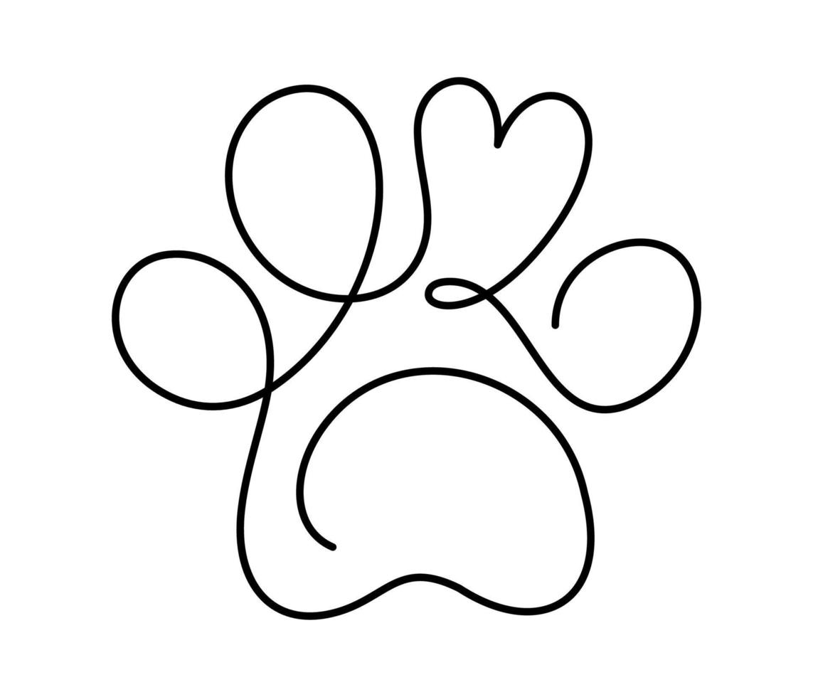 Dog or cat paw footprint and heart in continuous one line drawing logo. Minimal line art. Animal in heart. Pets love concept monoline vector