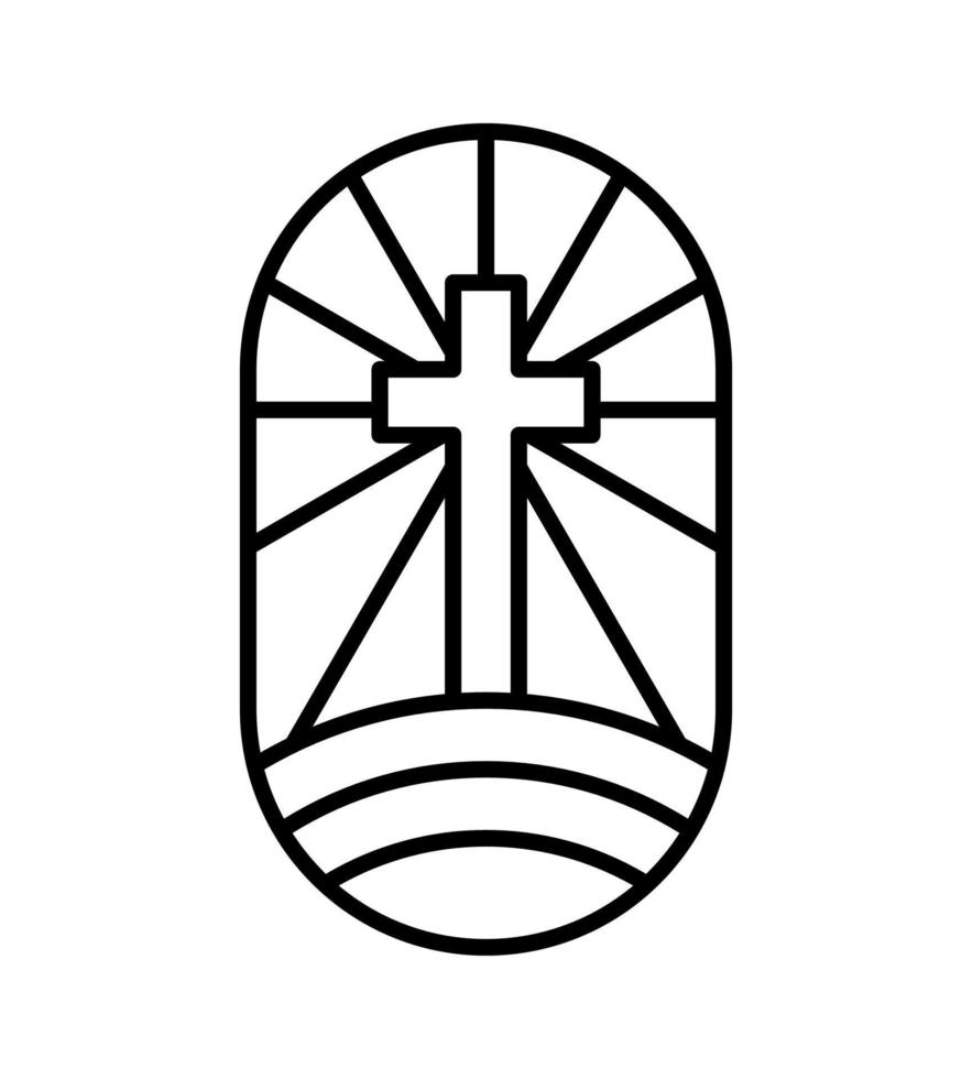 Cruz de línea de religión vectorial en la tierra media redonda y rayos. Ilustración del icono del logotipo de Jesucristo. señor en el calvario es el centro del cristianismo. dios perdona y ama a la gente vector