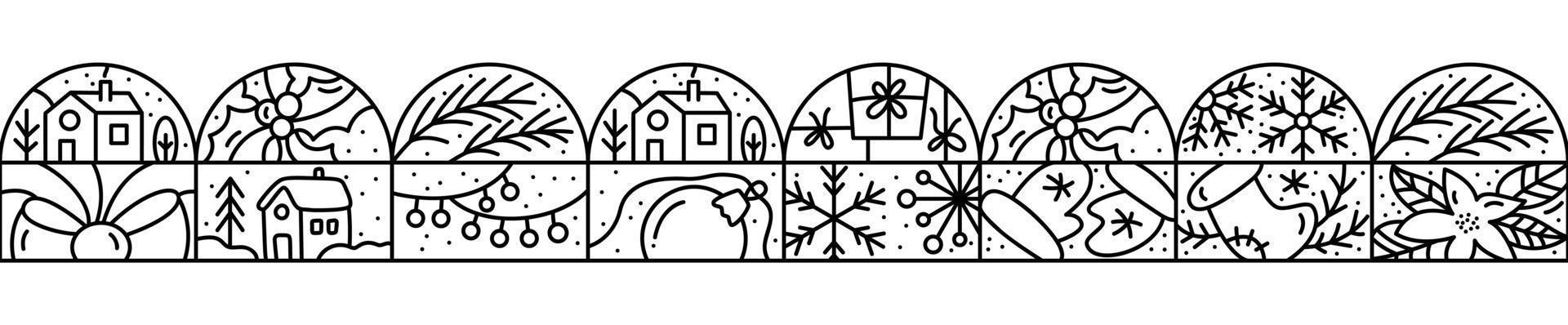Christmas logo advent Washi tape seamless pattern border snowflake, gift boxes, house, garland, sock and mittens. Hand drawn monoline winter vector constructor for greeting card
