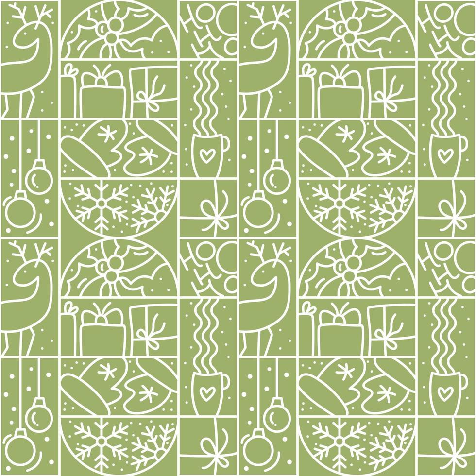 Christmas logo advent seamless pattern snowflake, gift box, house, garland, sock and tree on green background. Hand drawn monoline winter vector constructor for greeting card