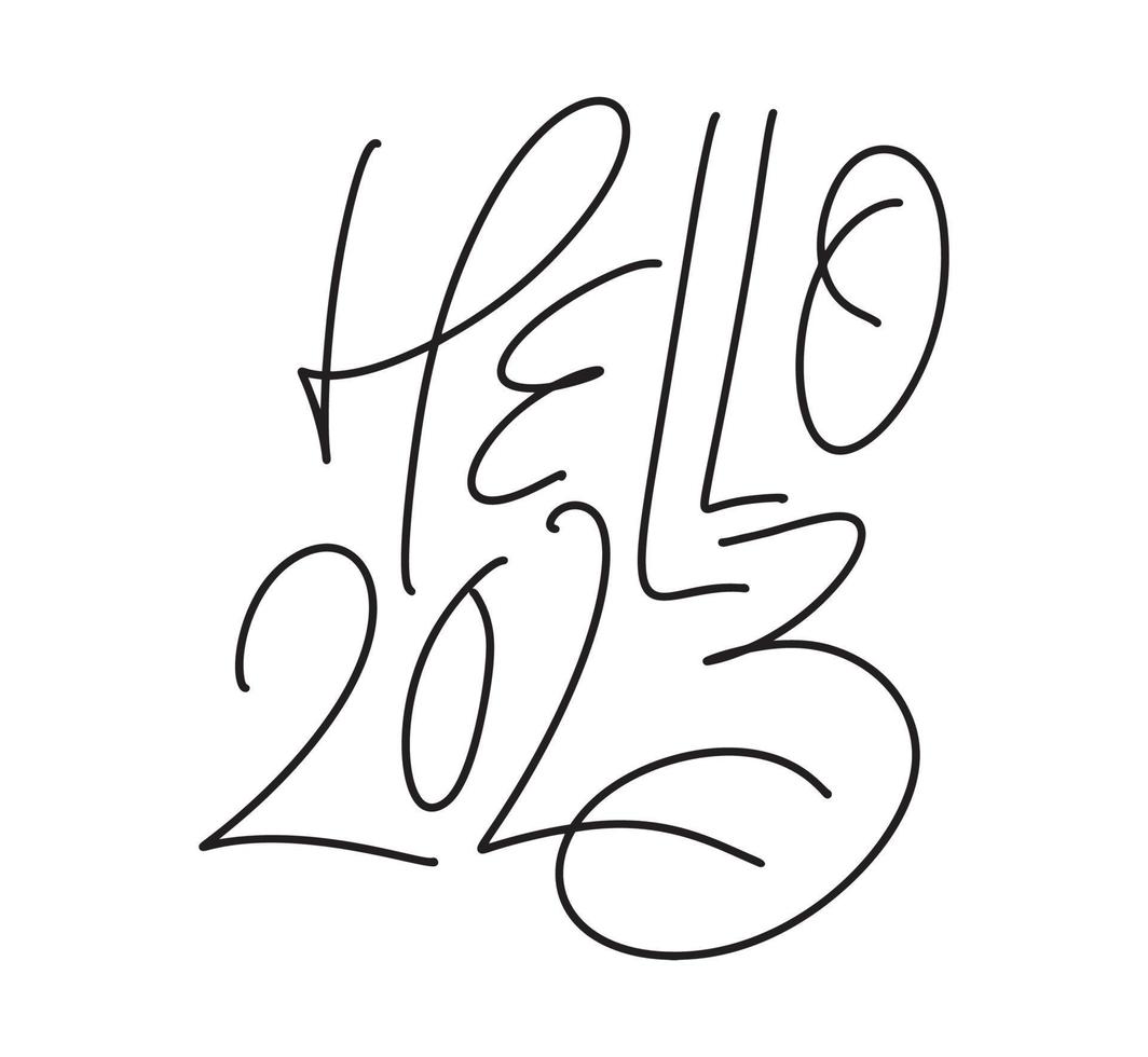 hola 2023 texto de letras de caligrafía monoline dibujado a mano vectorial. feliz año nuevo y feliz navidad tarjeta de felicitación e ilustración de logotipo. plantilla para postal, impresión, banner web, póster vector