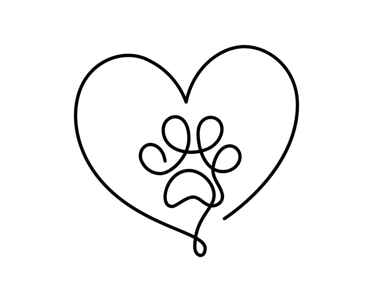 Dog or cat paw footprint and heart in continuous one line drawing logo. Minimal line art. Animal in heart. Pets love concept monoline vector