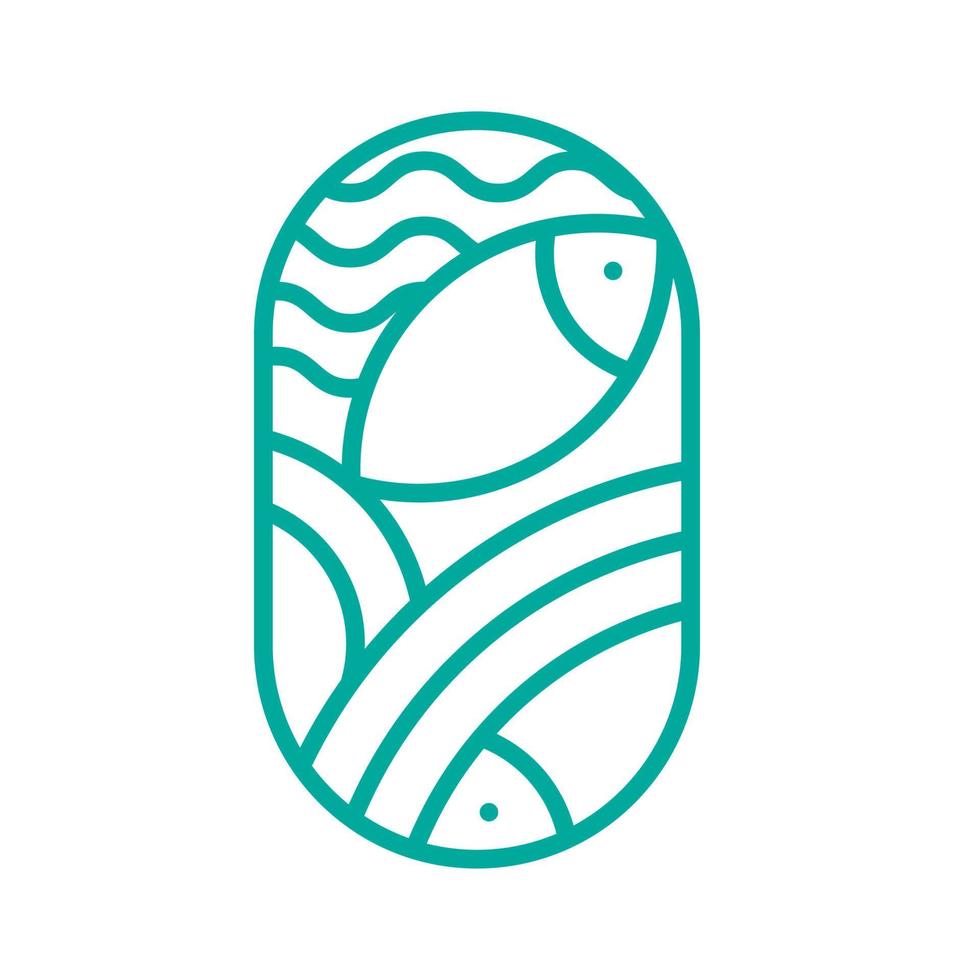 Vector round sea or river fish and waves aqua line logo icon. Simple modern abstract line silhouette for seafood culinary design or sushi shop monoline