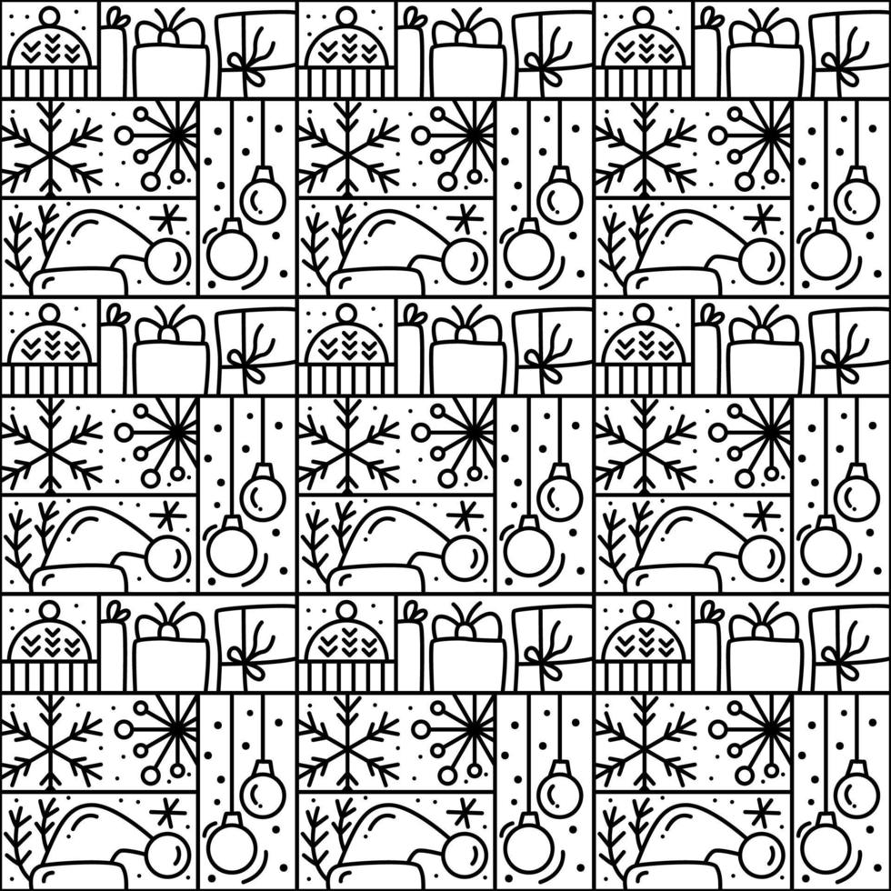 Christmas logo advent seamless pattern snowflake, gift box, house, garland, sock and tree. Hand drawn monoline winter vector constructor for greeting card, invitation