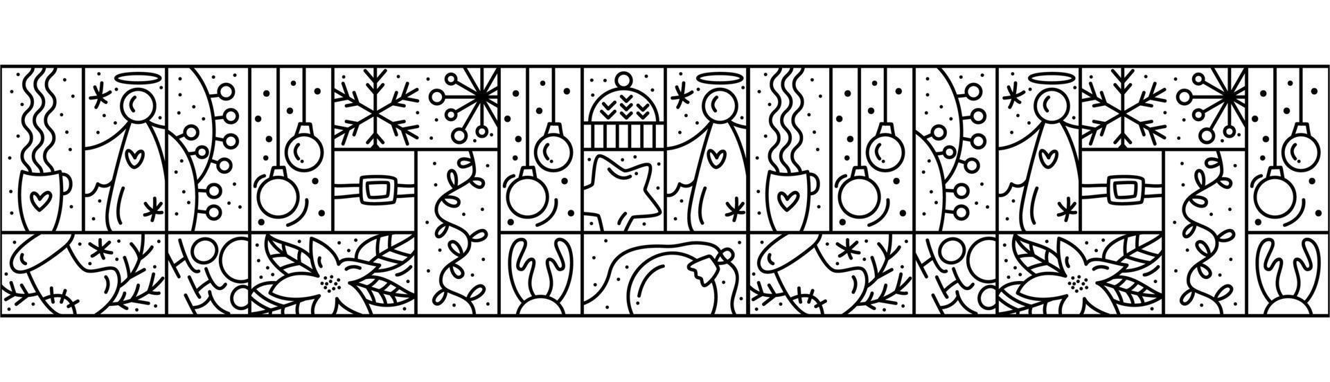 Christmas logo advent Washi tape seamless pattern border snowflake, gift boxes, house, garland, sock and mittens. Hand drawn monoline winter vector constructor for greeting card