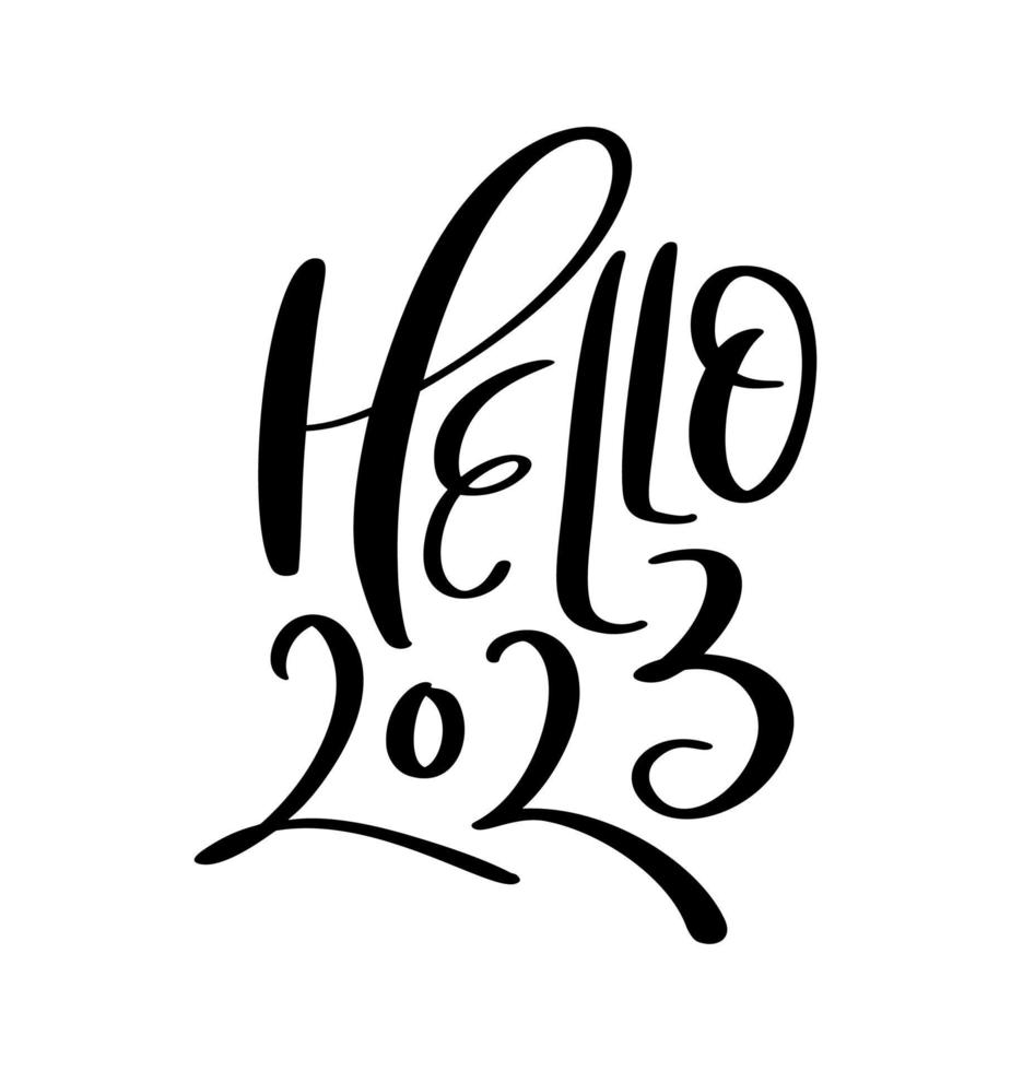 Hello 2023 vector hand drawn calligraphy lettering text. Happy New Year and Merry Christmas greeting card and logo illustration. template for postcard, print, web banner, poster