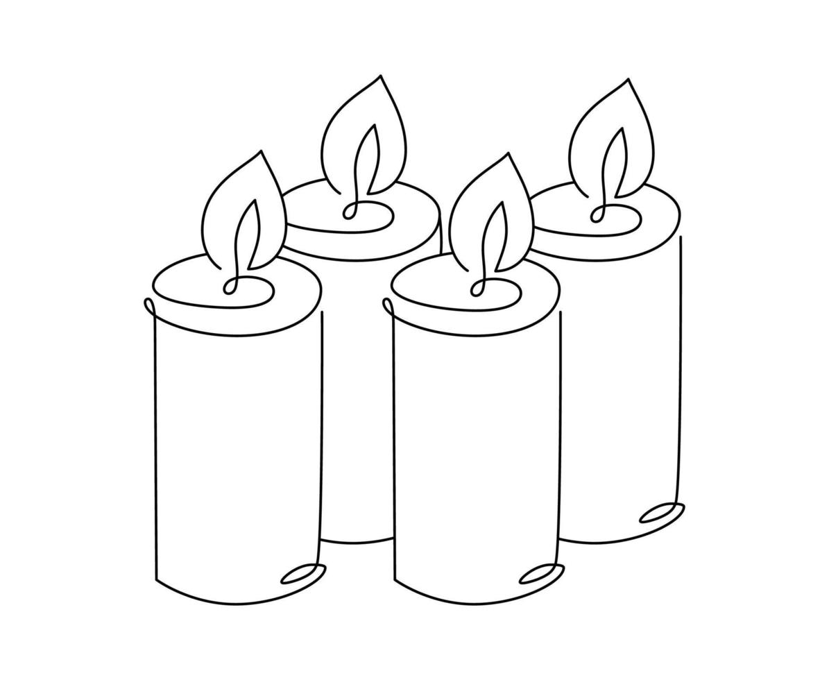 Four hand drawn one line candles vector icon. Four candles are burning. Christmas advent illustration for greeting card, web design isolated holiday invitation on white background