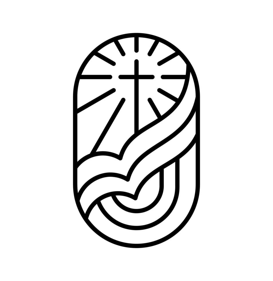 línea de religión cruz y biblia de libro abierto en la iglesia. ilustración de icono de logotipo vectorial aislada. jesucristo en el calvario es el centro del cristianismo. dios perdon y amor por las personas vector