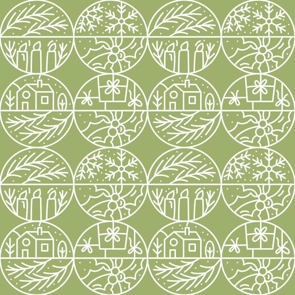 Christmas logo advent seamless pattern snowflake, gift box, house, garland, sock and tree on green background. Hand drawn monoline winter vector constructor for greeting card