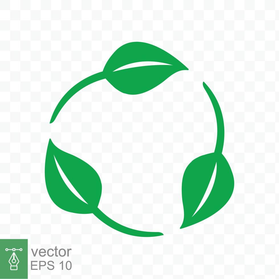 Recycle icon. Green leaf circle logo, biodegradable recyclable plastic free package symbol, eco friendly product template. Vector illustration isolated on transparent background. EPS 10.