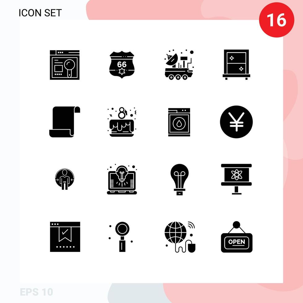 16 Universal Solid Glyph Signs Symbols of log mirror car dressing space Editable Vector Design Elements