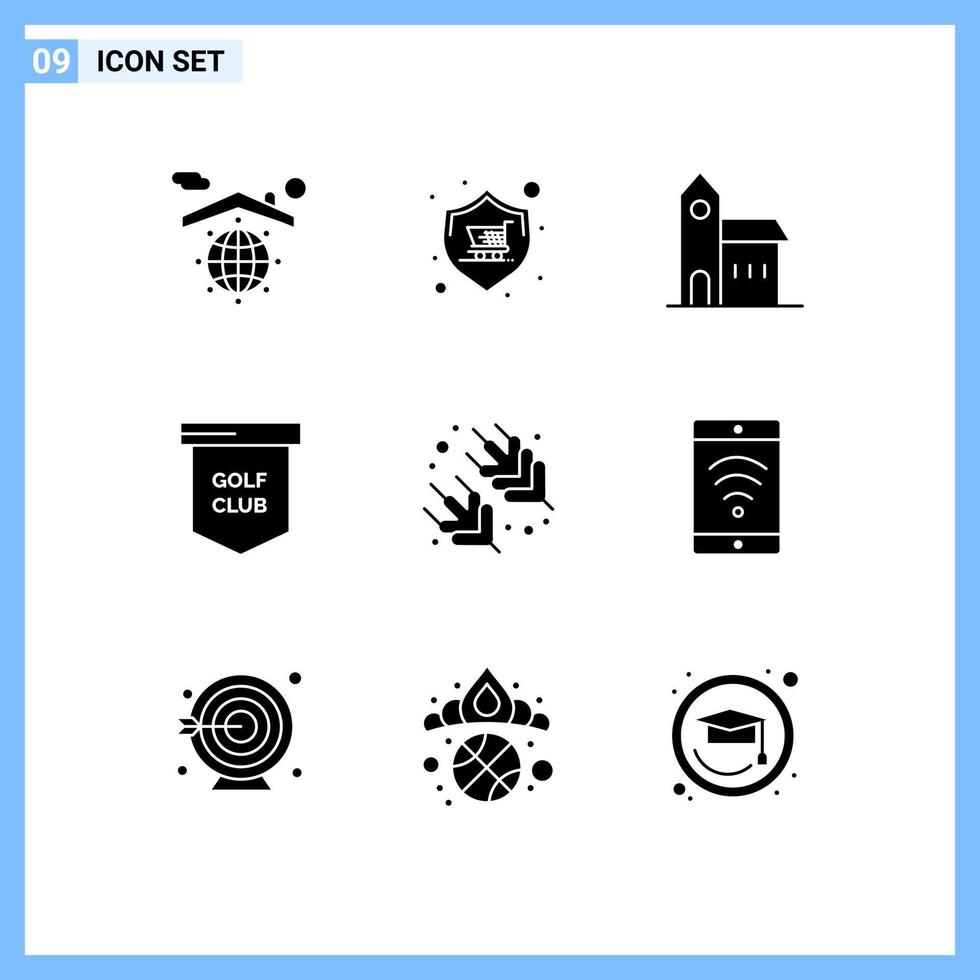 User Interface Pack of 9 Basic Solid Glyphs of sport golf warranty game historic Editable Vector Design Elements