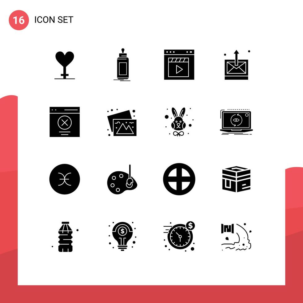 Mobile Interface Solid Glyph Set of 16 Pictograms of communication sent browser mail movie Editable Vector Design Elements