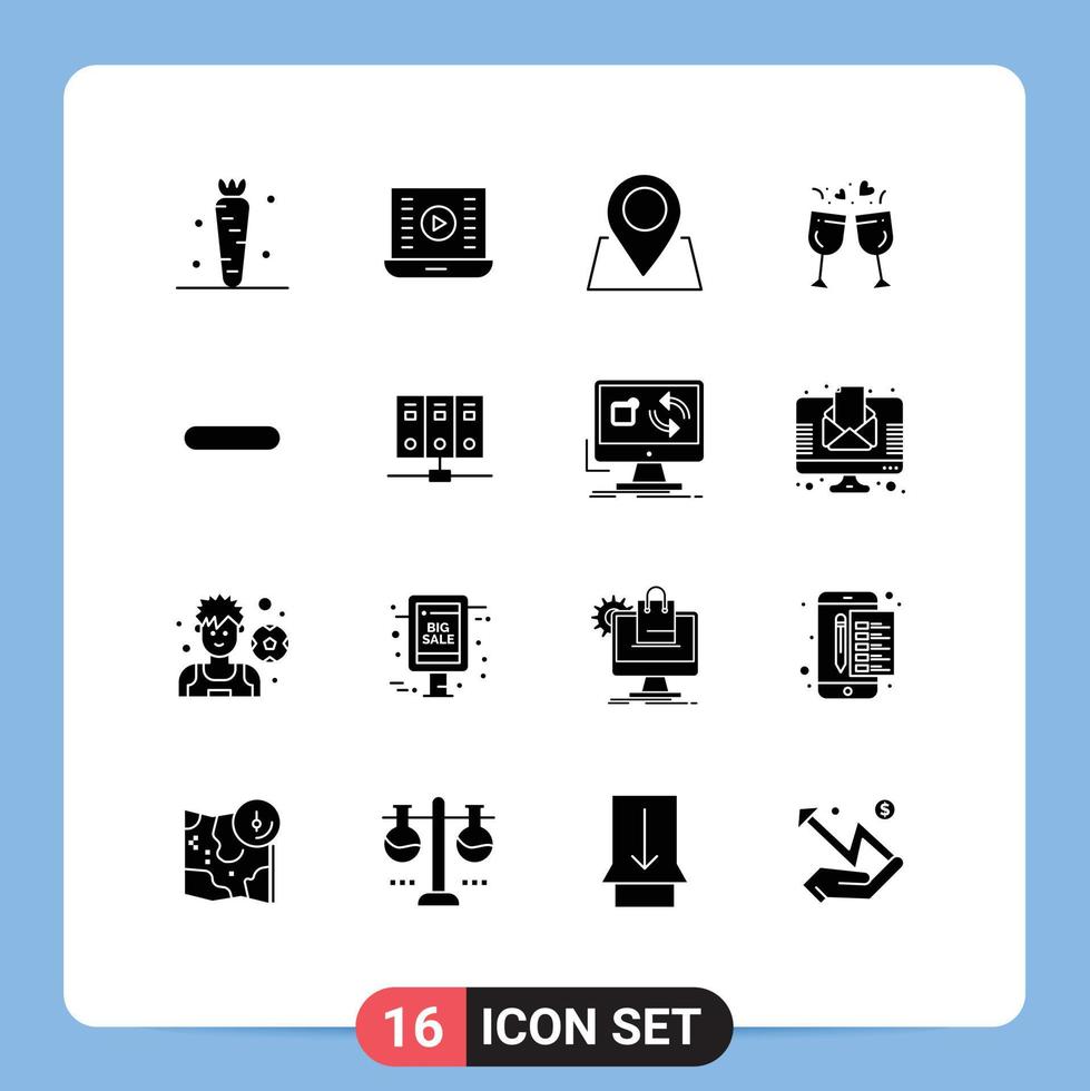 Mobile Interface Solid Glyph Set of 16 Pictograms of delete drink video play love pin Editable Vector Design Elements