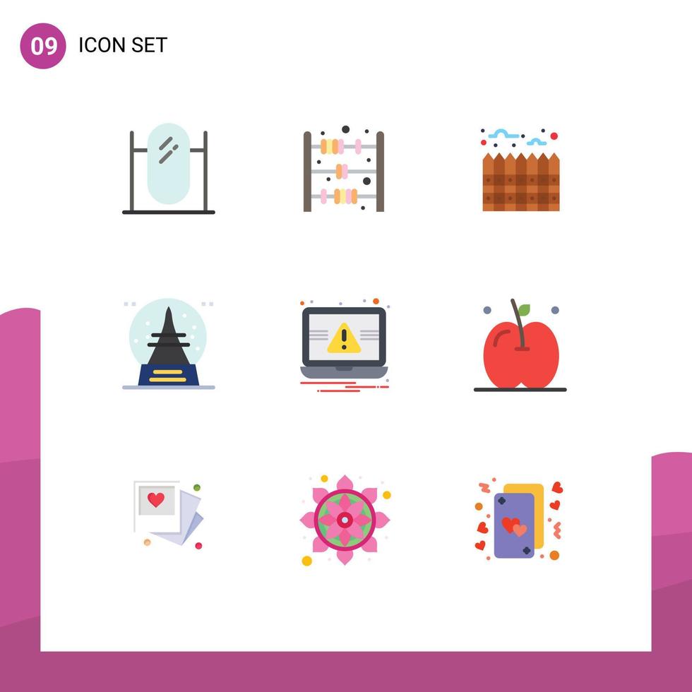 Pack of 9 creative Flat Colors of notification essentials heating vacation souvenir Editable Vector Design Elements