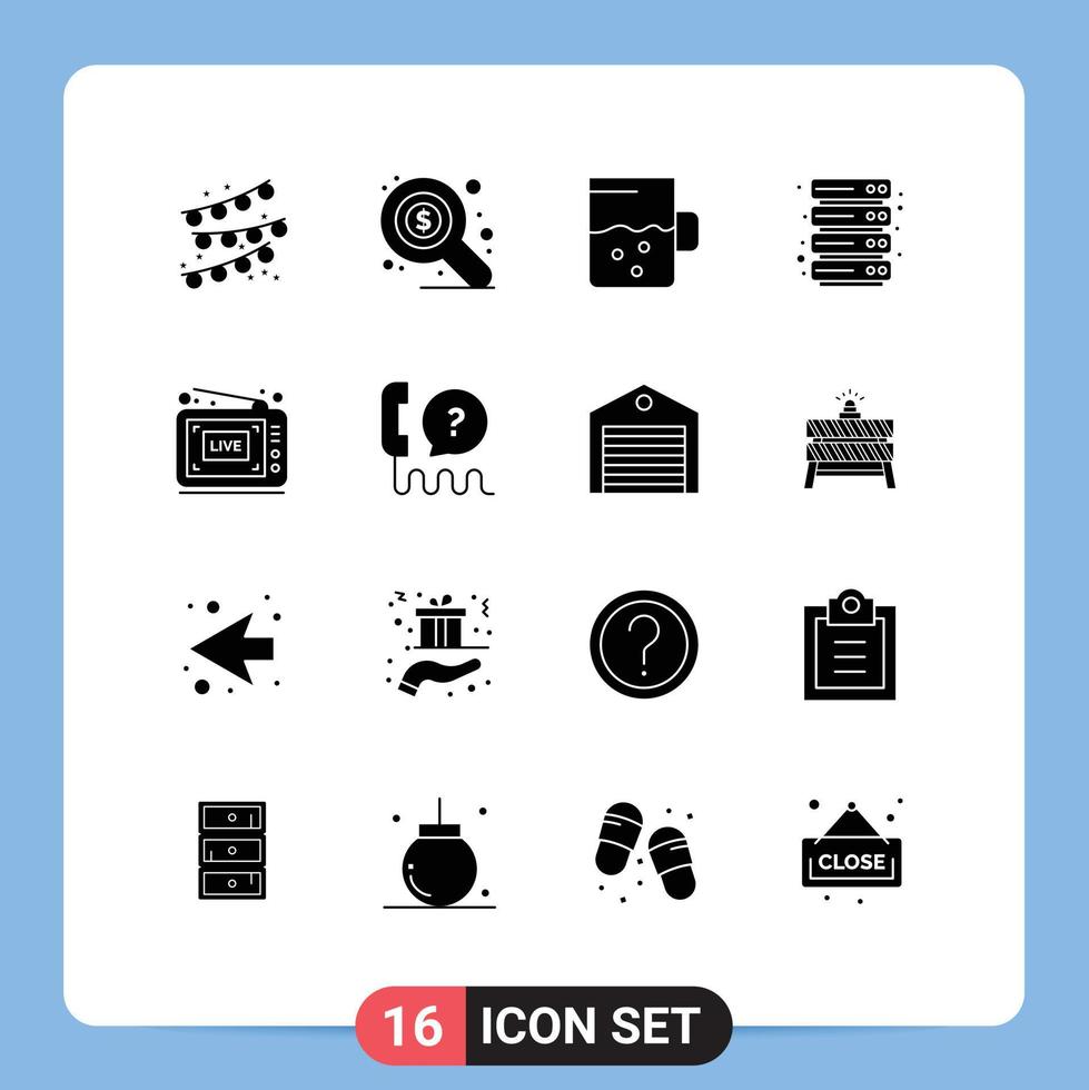 Pack of 16 creative Solid Glyphs of help video mug show broadcast Editable Vector Design Elements