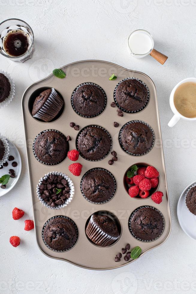 Chocolate muffins in a muffin pan with raspberries photo