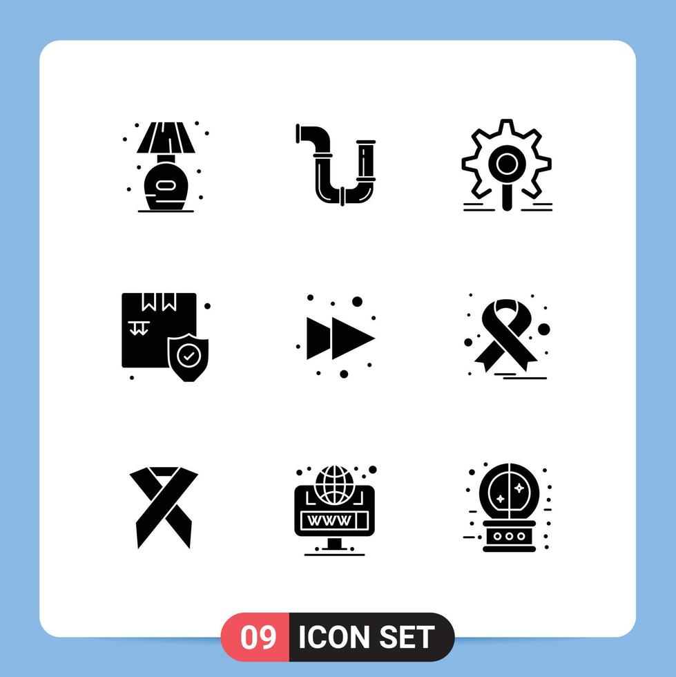 Pack of 9 Modern Solid Glyphs Signs and Symbols for Web Print Media such as security shopping water shop research Editable Vector Design Elements