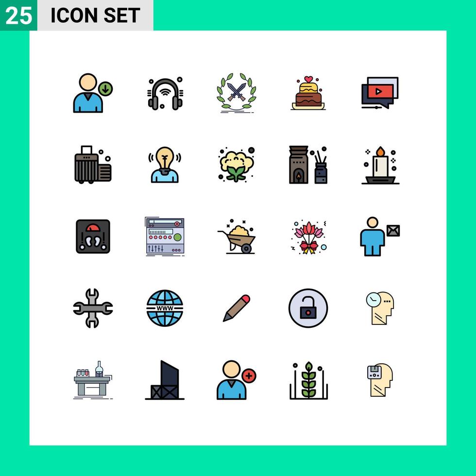 paquete de 25 modernos signos y símbolos de colores planos de línea rellena para medios de impresión web, como el emblema de boda de youtube, elementos de diseño de vectores editables de pastel de corazón