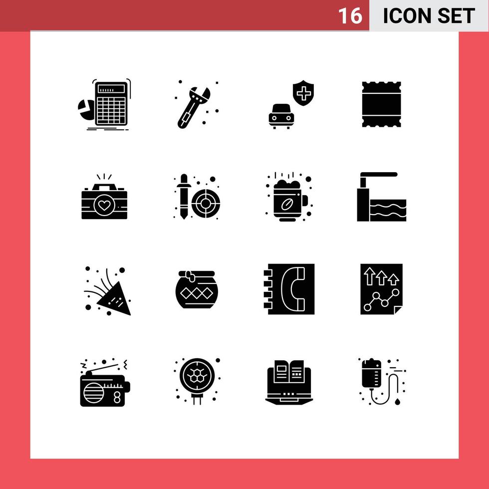 16 Universal Solid Glyph Signs Symbols of couple photography video cam car cam maximize Editable Vector Design Elements