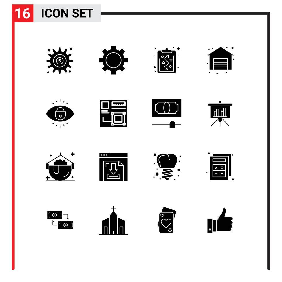Group of 16 Modern Solid Glyphs Set for security eye technology sale shop Editable Vector Design Elements