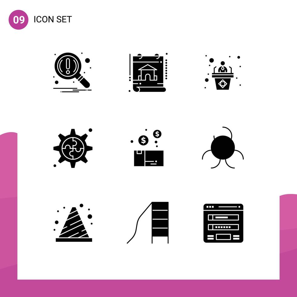 Pack of 9 Modern Solid Glyphs Signs and Symbols for Web Print Media such as box bundle business gear creative Editable Vector Design Elements