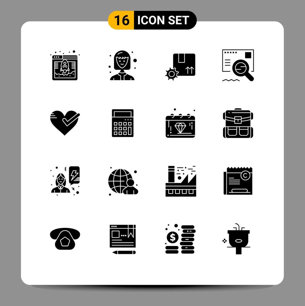 Pack of 16 creative Solid Glyphs of ok heart premium product search email Editable Vector Design Elements
