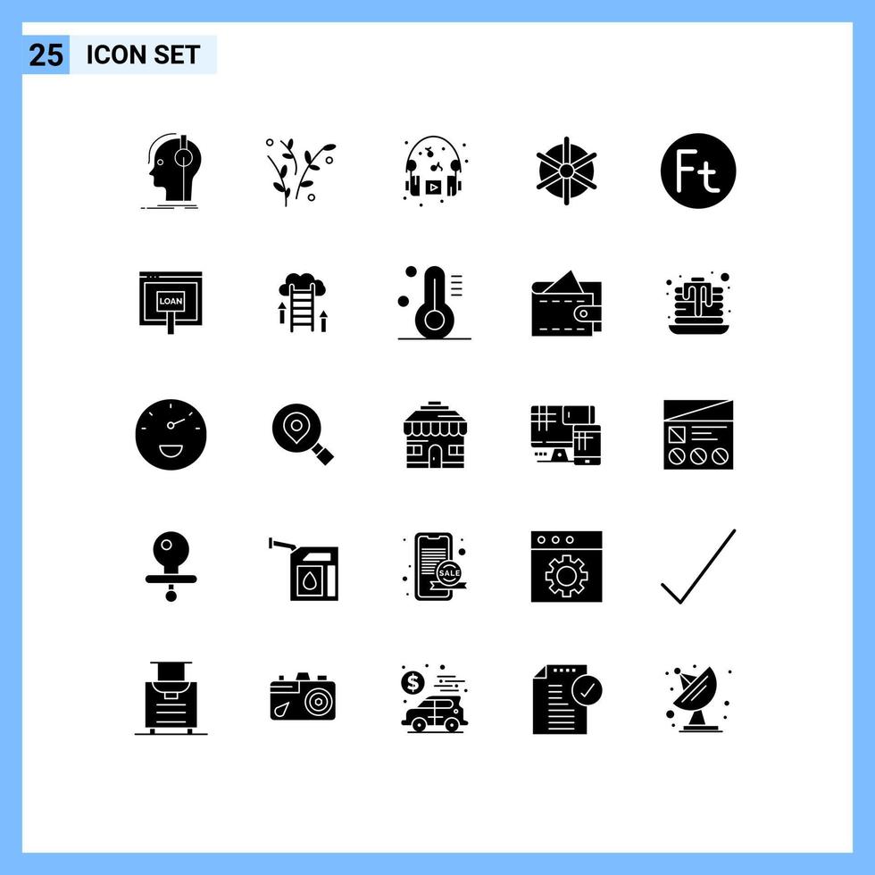 Mobile Interface Solid Glyph Set of 25 Pictograms of currency ship wheel spring ship music Editable Vector Design Elements