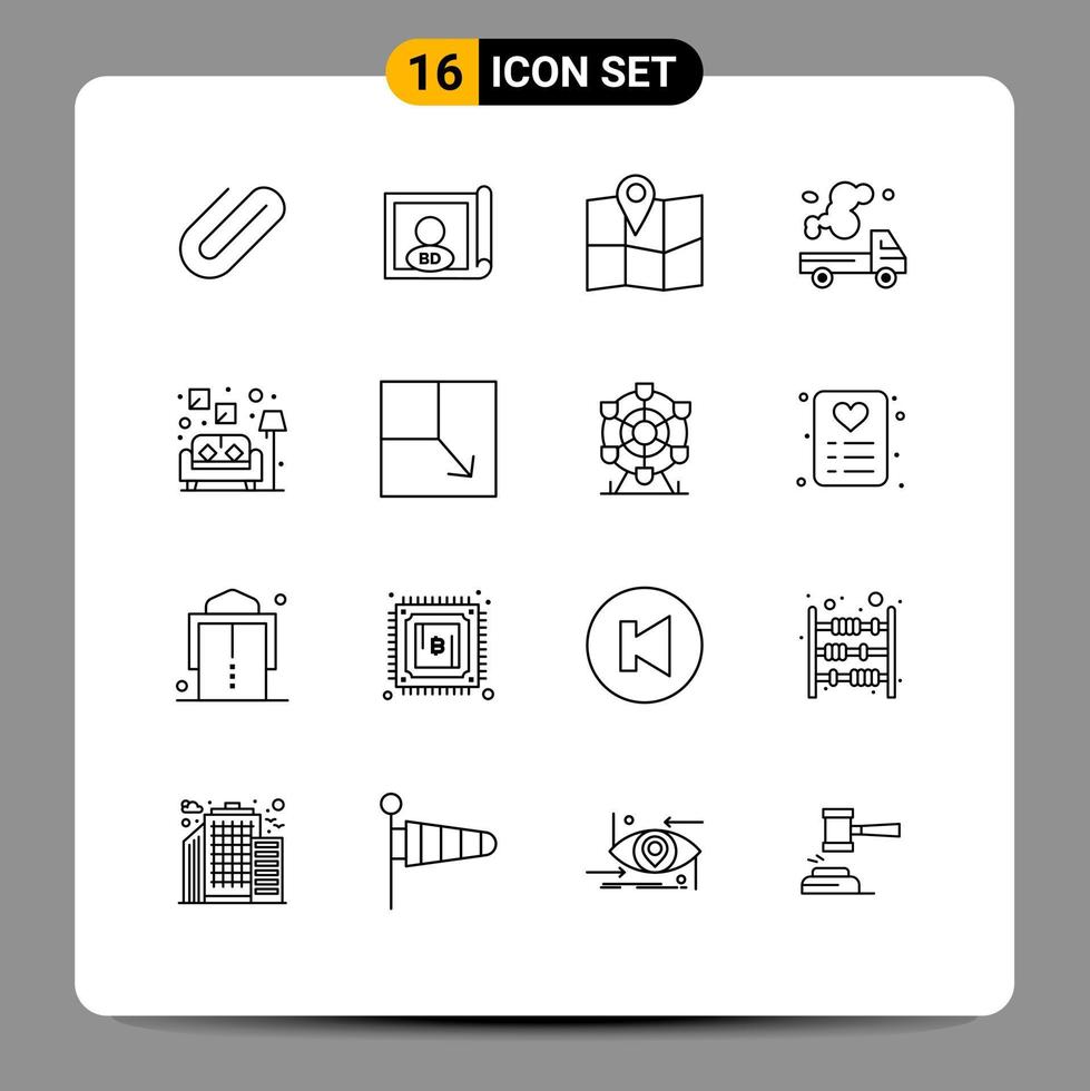 Pack of 16 creative Outlines of lamp pollution location gas truck Editable Vector Design Elements