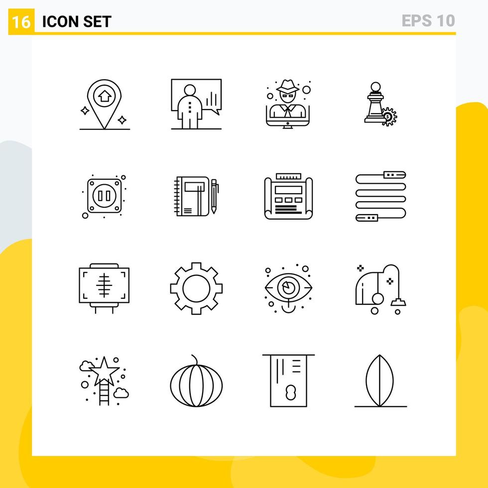 16 Universal Outline Signs Symbols of electricity success hacker strategy chess Editable Vector Design Elements