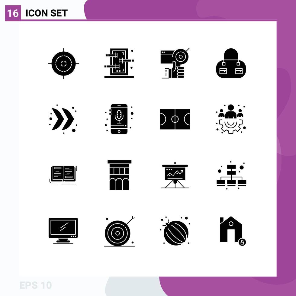 Solid Glyph Pack of 16 Universal Symbols of multimedia direction achieved arrow bag Editable Vector Design Elements