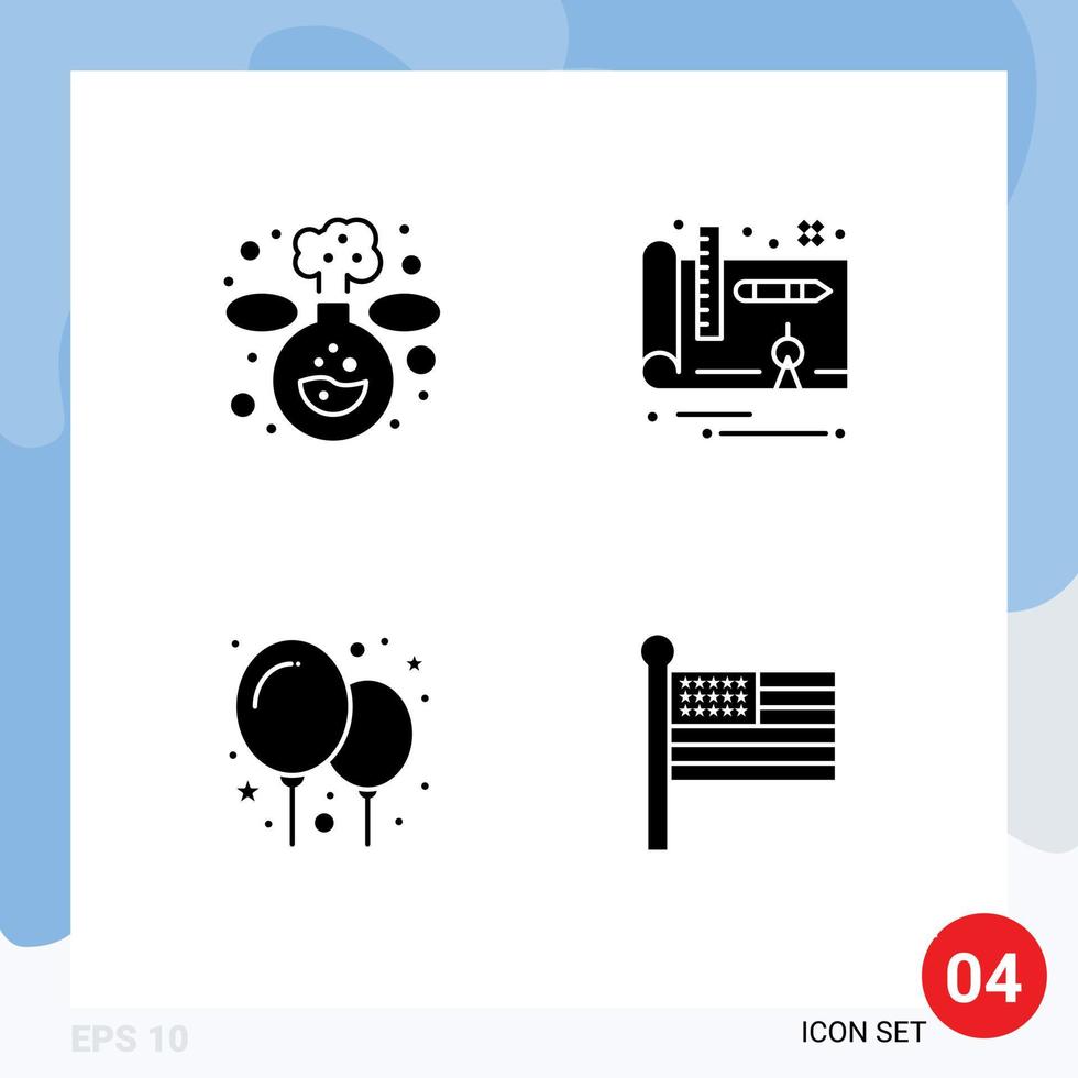 Pack of 4 Modern Solid Glyphs Signs and Symbols for Web Print Media such as chemistry flag architecture balloon united Editable Vector Design Elements