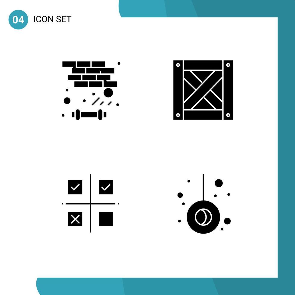 Modern Set of 4 Solid Glyphs and symbols such as brick priorities play wood production Editable Vector Design Elements